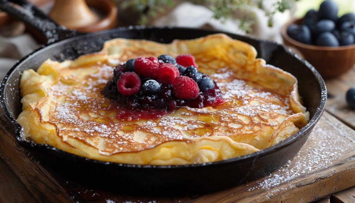 Fluffiger Kaiserschmarrn mit Puderzucker in der Pfanne, daneben ein Früchte-Topping aus Beeren und Zwetschgen