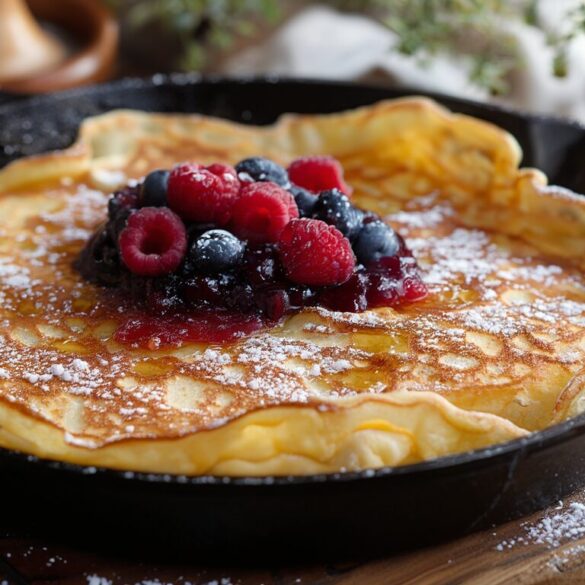 Kaiserschmarrn mit Früchte-Topping: fluffig in 30 Minuten Fluffiger Kaiserschmarrn mit Puderzucker in der Pfanne, daneben ein Früchte-Topping aus Beeren und Zwetschgen