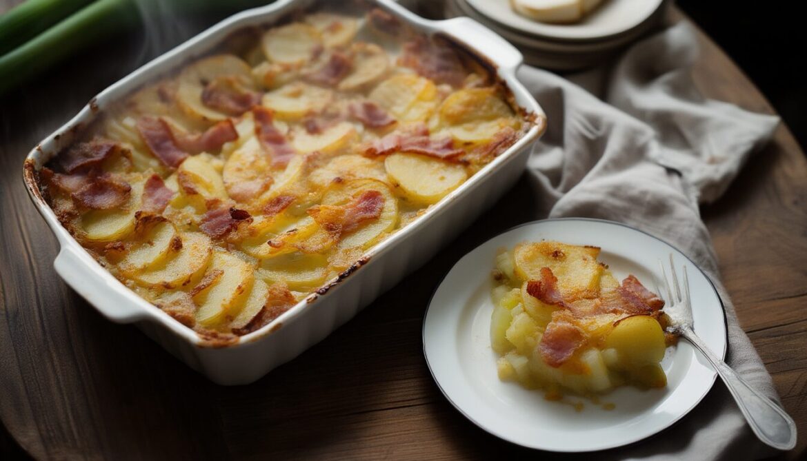 Goldbraun überbackener Kartoffel-Lauch-Auflauf mit Speck und Käsekruste in einer Auflaufform, eine Portion auf einem Teller angerichtet