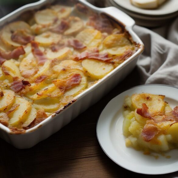 Kartoffel-Lauch-Auflauf mit Speck: cremig & einfach Goldbraun überbackener Kartoffel-Lauch-Auflauf mit Speck und Käsekruste in einer Auflaufform, eine Portion auf einem Teller angerichtet
