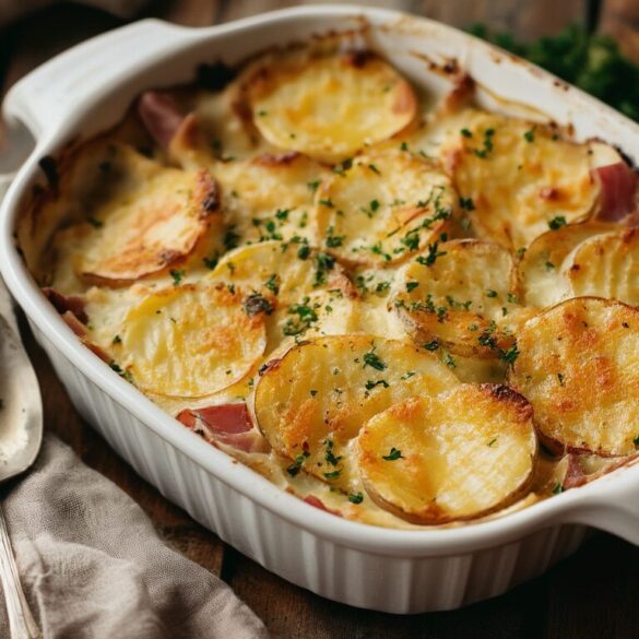 Kartoffel-Schinken-Gratin mit Zwiebeln und Käse Goldbraun überbackenes Kartoffel-Schinken-Gratin mit Käsekruste in einer weißen Auflaufform, garniert mit frischer Petersilie