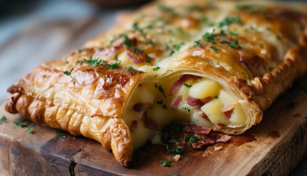 Aufgeschnittener Kartoffel-Speck-Käse-Strudel aus Blätterteig mit cremiger Füllung und Petersilie