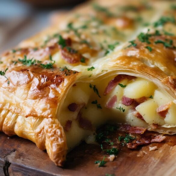 Kartoffel-Speck-Käse-Strudel: knusprig in 60 Minuten Aufgeschnittener Kartoffel-Speck-Käse-Strudel aus Blätterteig mit cremiger Füllung und Petersilie