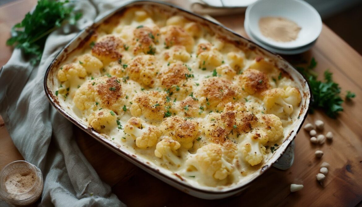 Cremige Kartoffeln mit Blumenkohl in Bechamelsauce in einer Auflaufform mit goldbrauner Oberfläche