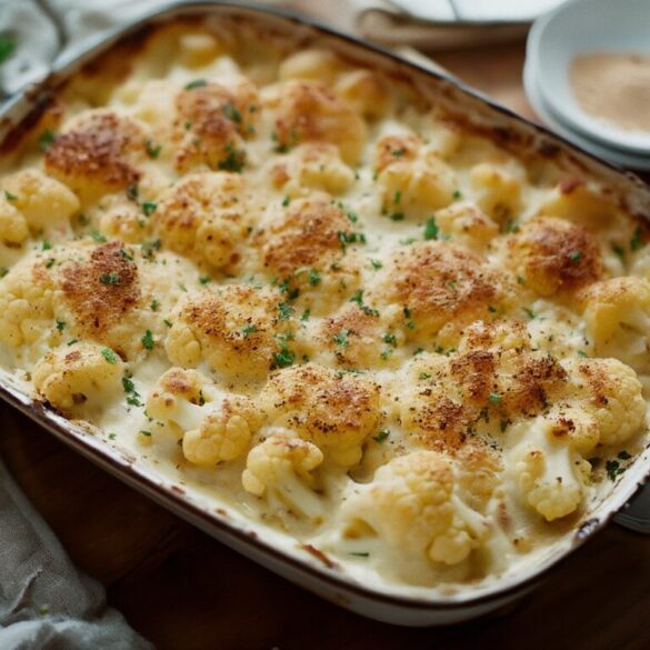 Kartoffeln mit Blumenkohl in Bechamelsauce – cremig und einfach Cremige Kartoffeln mit Blumenkohl in Bechamelsauce in einer Auflaufform mit goldbrauner Oberfläche