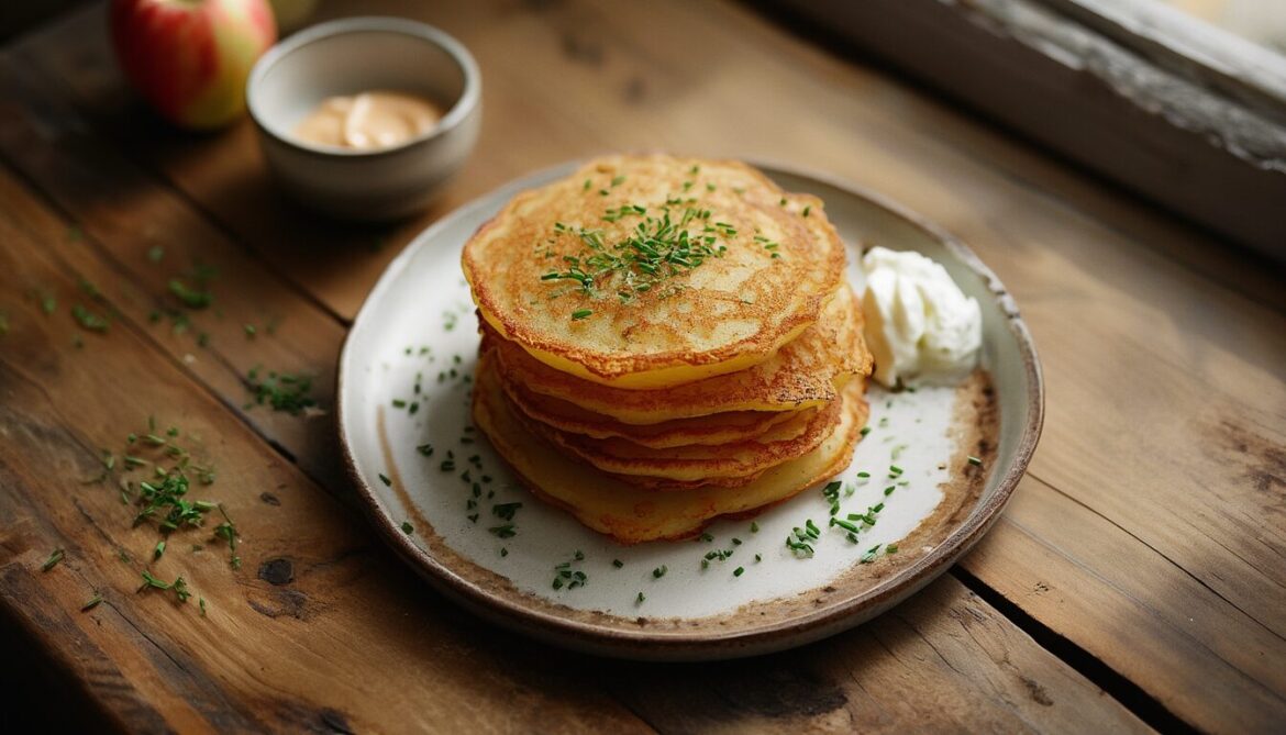 Stapel knuspriger goldbrauner Kartoffelpuffer auf einem Teller mit Apfelmus und Sauerrahm