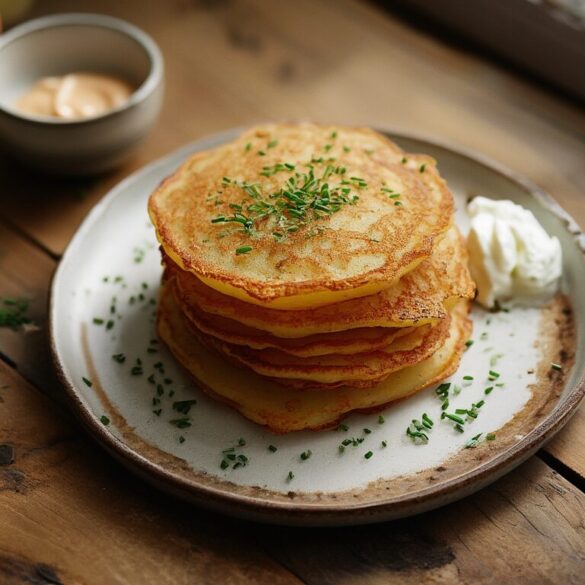 Kartoffelpuffer: knusprig & einfach – das beste Rezept Stapel knuspriger goldbrauner Kartoffelpuffer auf einem Teller mit Apfelmus und Sauerrahm