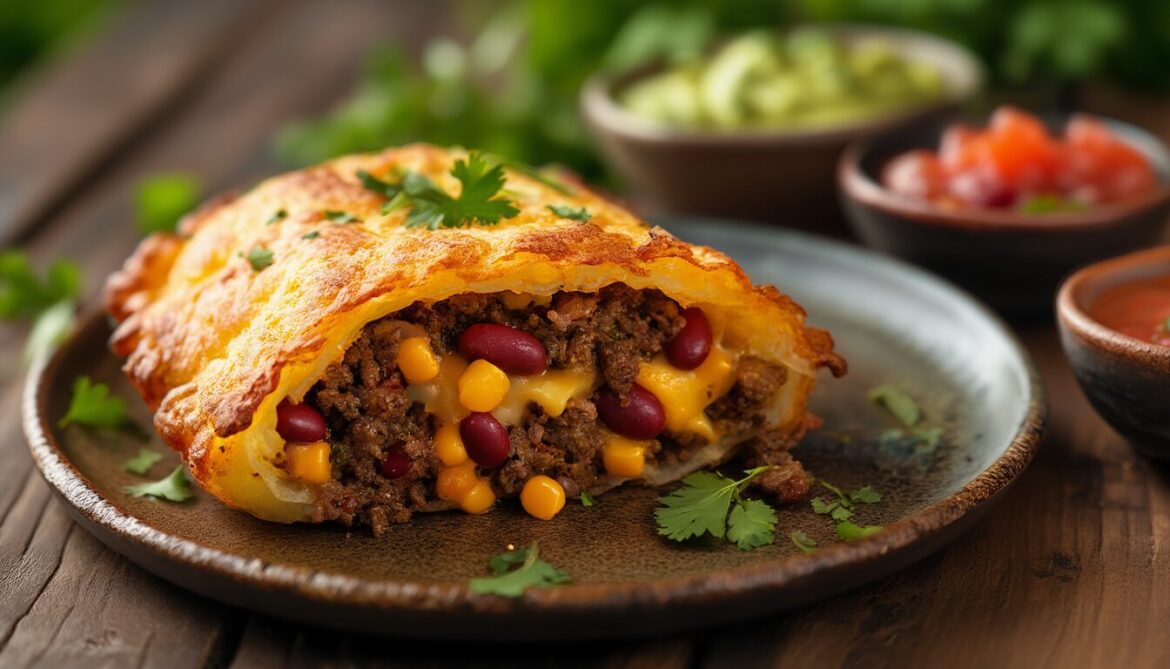 Knusprige Kartoffelrösti mit Tex-Mex-Füllung aus Hackfleisch, Bohnen, Mais und Cheddar, aufgeschnitten auf einem dunklen Teller