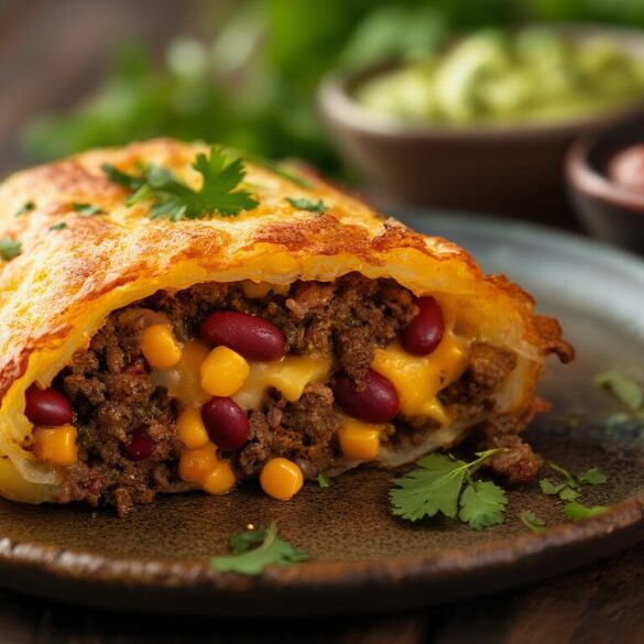 Kartoffelrösti mit Tex-Mex-Füllung – knusprig & herzhaft Knusprige Kartoffelrösti mit Tex-Mex-Füllung aus Hackfleisch, Bohnen, Mais und Cheddar, aufgeschnitten auf einem dunklen Teller