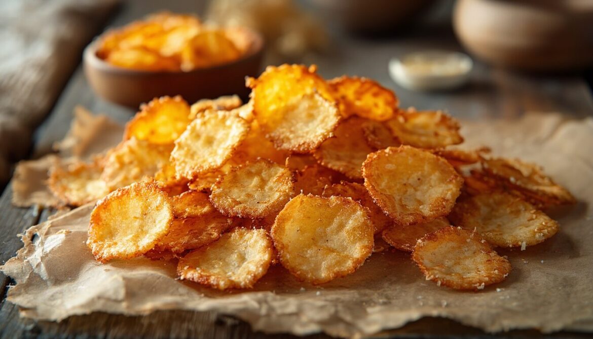 Selbstgemachte goldbraune Käsechips aus Gouda und Parmesan knusprig auf Backpapier