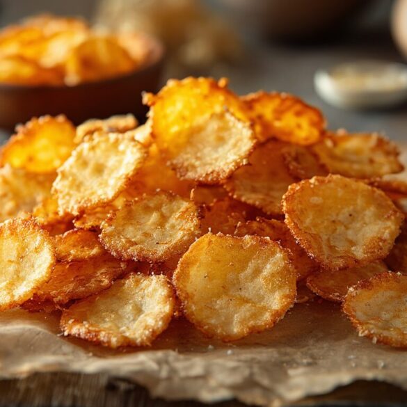 Käsechips selber machen: knusprig in 8 Minuten (Ofen & Airfryer) Selbstgemachte goldbraune Käsechips aus Gouda und Parmesan knusprig auf Backpapier