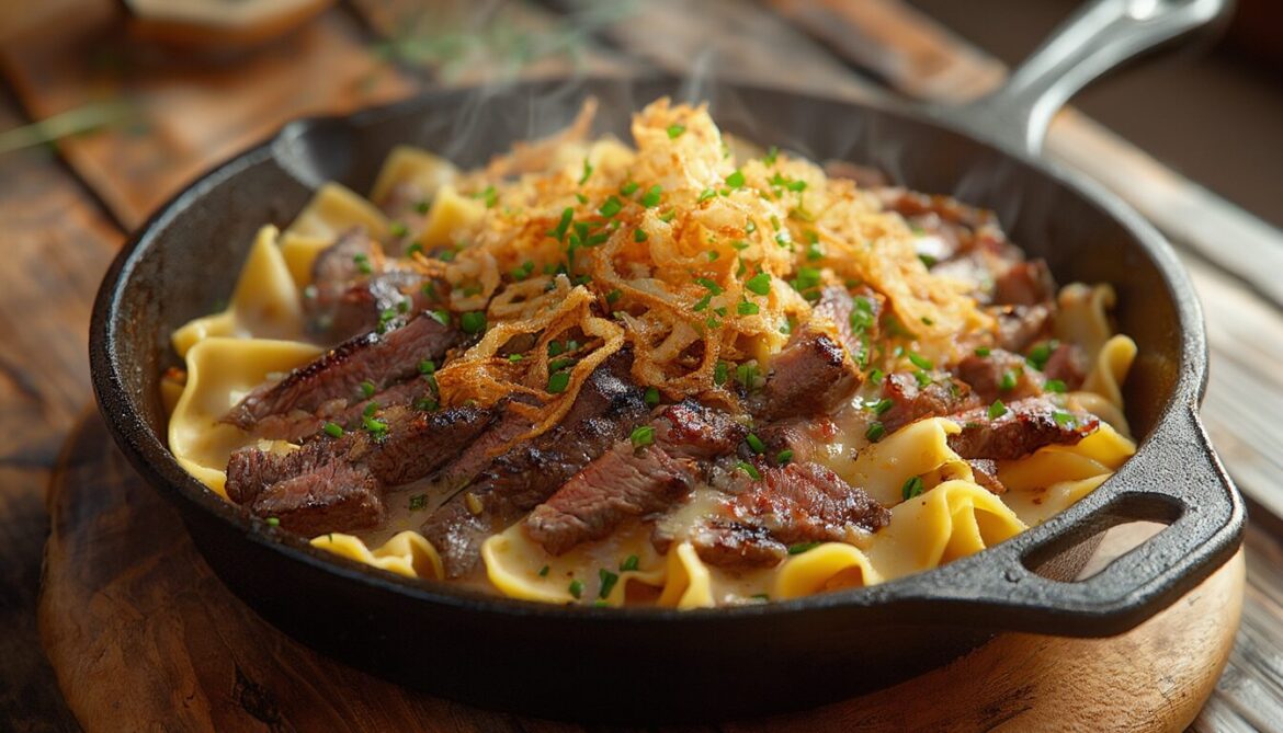Pfanne mit Käsespätzle, Rindfleischstreifen, geschmolzenem Käse und knusprigen Röstzwiebeln