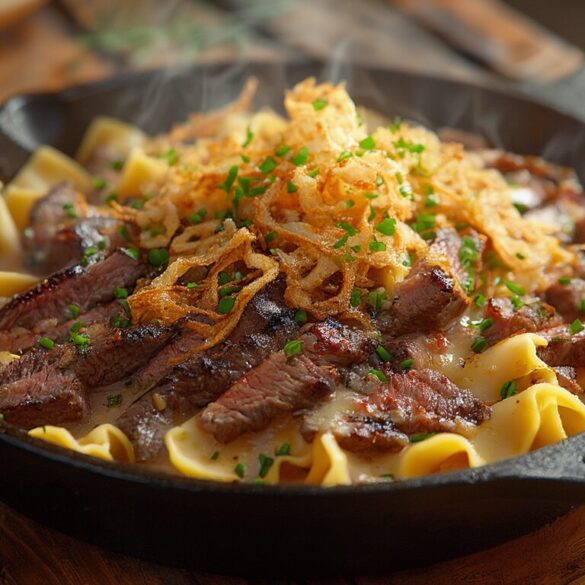 Käsespätzle mit Rindfleisch: cremig in 45 Minuten Pfanne mit Käsespätzle, Rindfleischstreifen, geschmolzenem Käse und knusprigen Röstzwiebeln