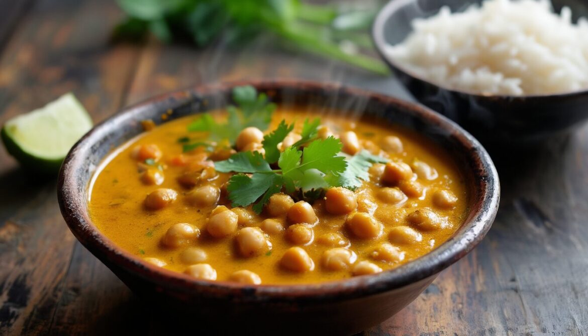 Cremiges Kichererbsen-Curry mit Kokosmilch in einer dunklen Schale, garniert mit Koriander und Limette, daneben Basmatireis
