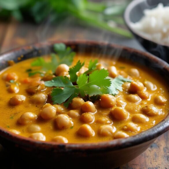 Cremiges Kichererbsen-Curry mit Kokosmilch in einer dunklen Schale, garniert mit Koriander und Limette, daneben Basmatireis