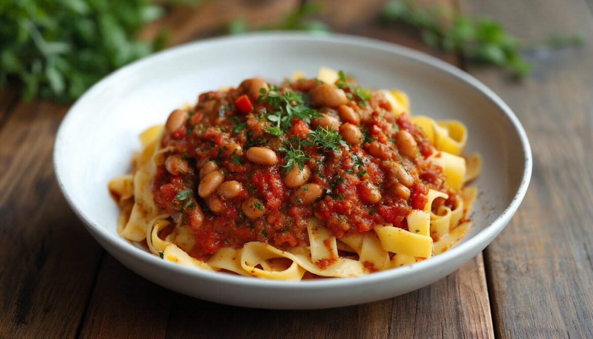 Teller Tagliatelle mit veganer Kidneybohnen Bolognese, garniert mit frischen Kraeutern