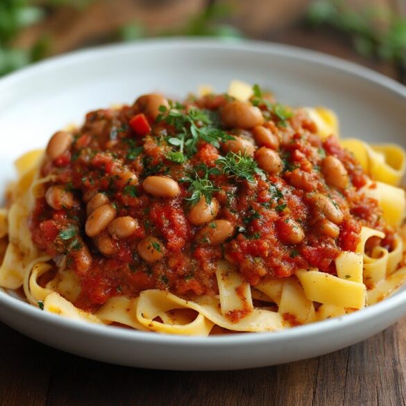Kidneybohnen Bolognese: herzhaft-vegan mit Tagliatelle in 30 Minuten Teller Tagliatelle mit veganer Kidneybohnen Bolognese, garniert mit frischen Kraeutern