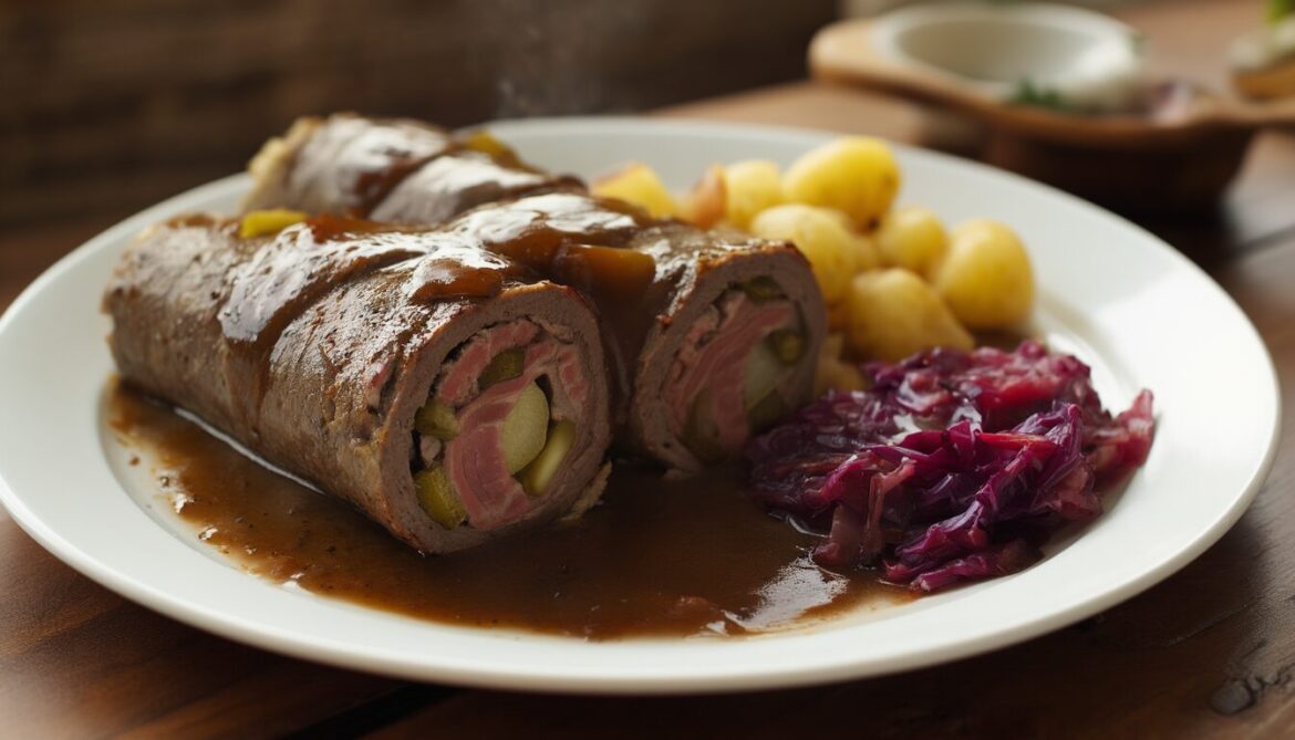 Klassische Rinderrouladen mit Rotkohl, Salzkartoffeln und dunkler Bratensauce auf einem Teller