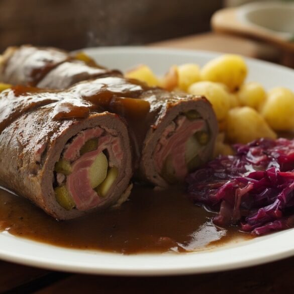 Klassische Rinderrouladen mit Rotkohl und Kartoffeln Klassische Rinderrouladen mit Rotkohl, Salzkartoffeln und dunkler Bratensauce auf einem Teller
