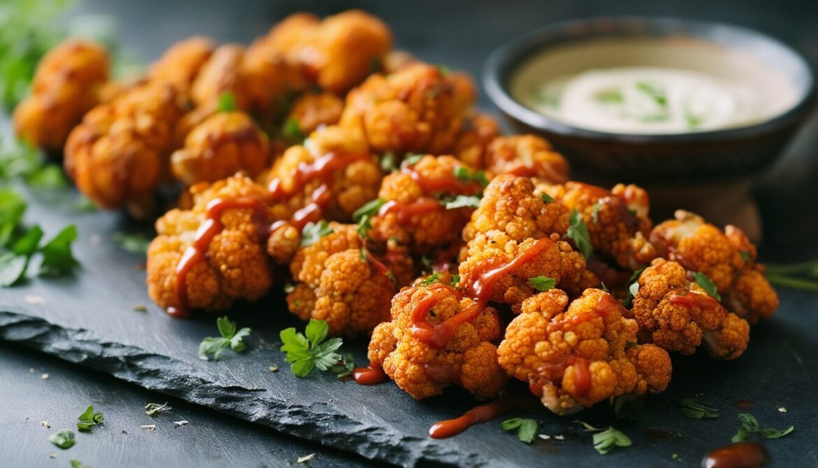 Knusprige vegane Blumenkohl-Wings aus dem Ofen mit Buffalo-Sauce und cremigem Dip auf einem dunklen Servierbrett
