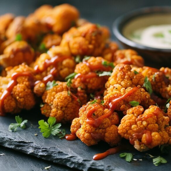 Knusprige vegane Blumenkohl-Wings aus dem Ofen mit Buffalo-Sauce und cremigem Dip auf einem dunklen Servierbrett