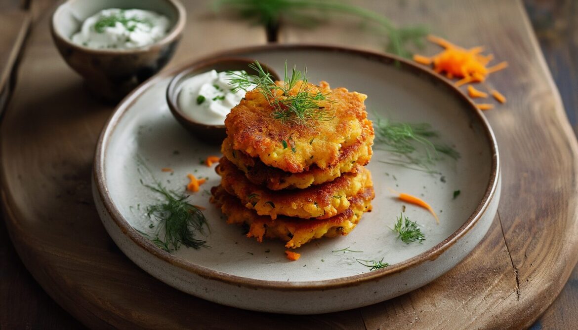 Stapel goldbraun gebratener Sellerie-Karotten-Fritter mit cremigem Joghurt-Dip und frischen Kräutern auf einem rustikalen Teller