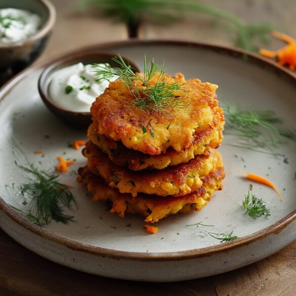 Knusprige Sellerie-Karotten-Fritter mit Joghurt-Dip Stapel goldbraun gebratener Sellerie-Karotten-Fritter mit cremigem Joghurt-Dip und frischen Kräutern auf einem rustikalen Teller