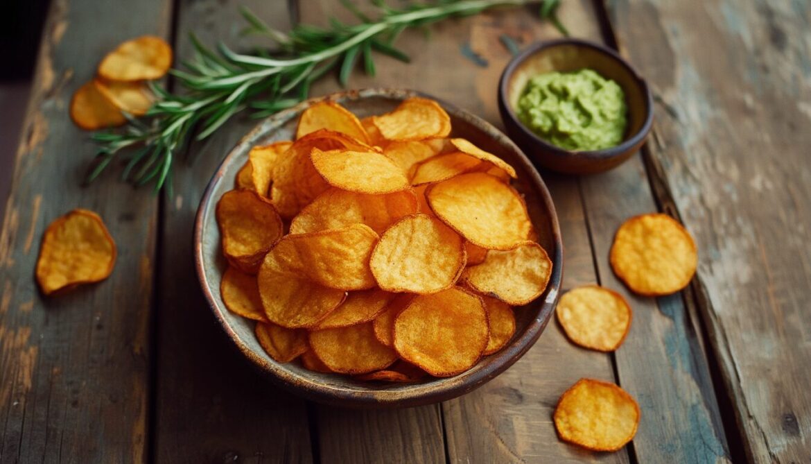 Schale mit knusprigen, selbst gemachten Süßkartoffelchips auf einem Holztisch, daneben ein Guacamole-Dip und Rosmarin