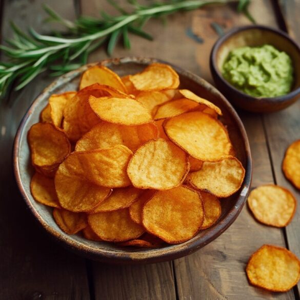Knusprige Süßkartoffelchips selber machen – Rezept mit Knusper-Trick Schale mit knusprigen, selbst gemachten Süßkartoffelchips auf einem Holztisch, daneben ein Guacamole-Dip und Rosmarin