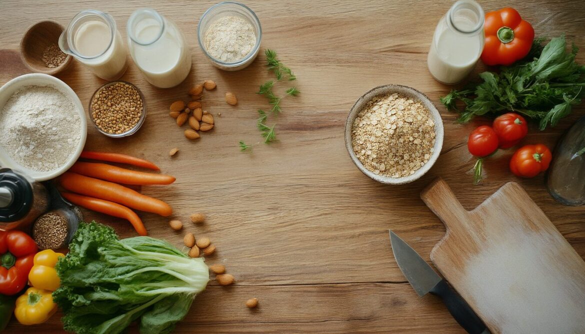 Allergikerfreundliche Küche mit glutenfreiem Mehl, Pflanzendrinks, frischem Gemüse und separatem Schneidebrett