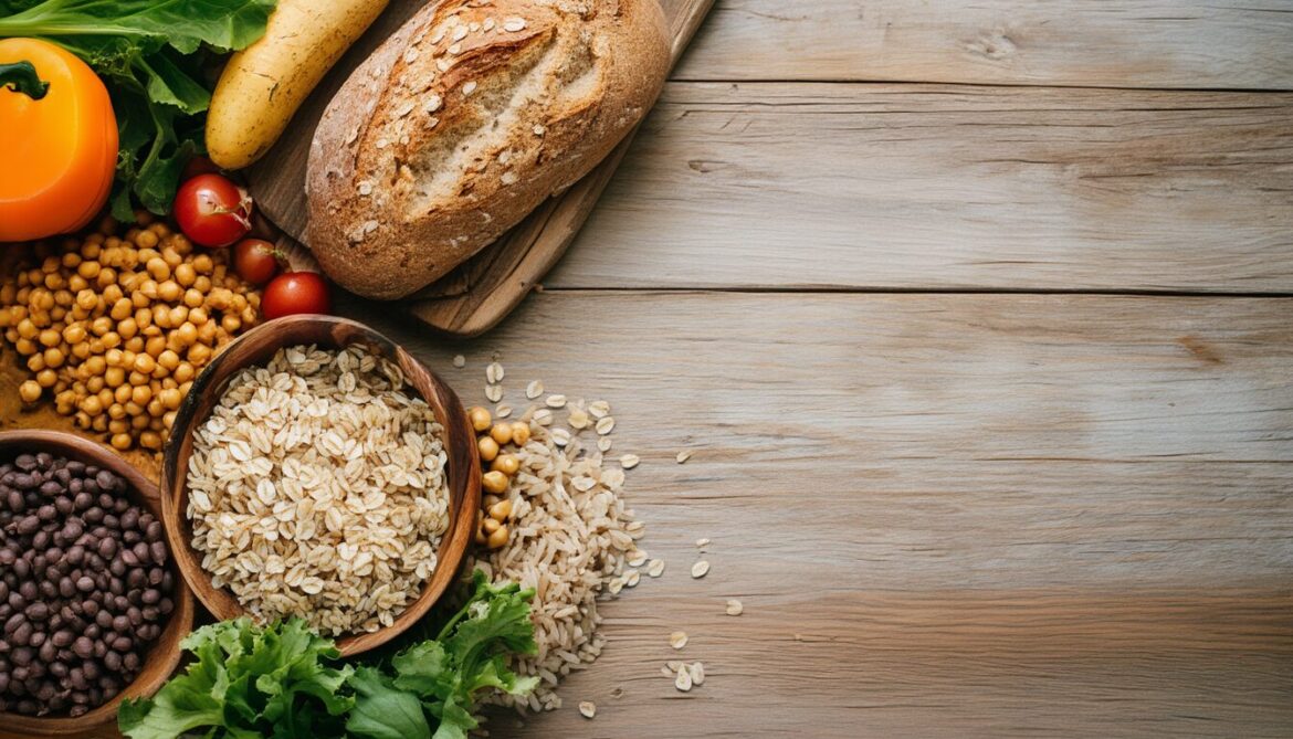 Gesunde Kohlenhydratquellen wie Vollkornbrot, Haferflocken, Hülsenfrüchte, Naturreis, Gemüse und Obst auf einem Holztisch