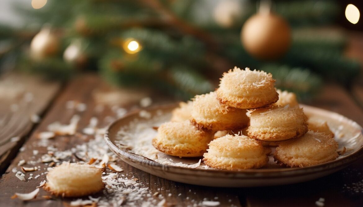Goldbraun gebackene saftige Kokosmakronen auf einem Teller in weihnachtlicher Kulisse