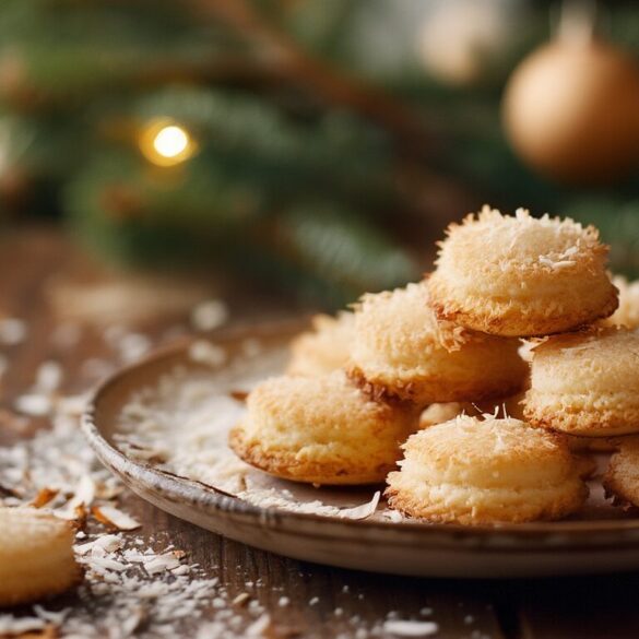 Kokosmakronen selber machen: saftig in 30 Minuten Goldbraun gebackene saftige Kokosmakronen auf einem Teller in weihnachtlicher Kulisse