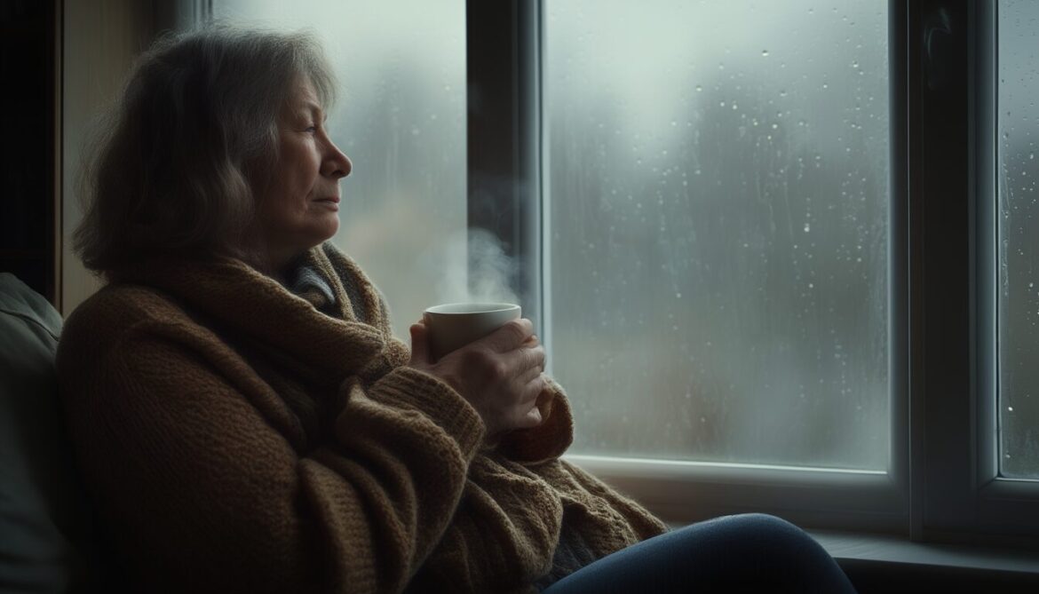 Erschöpfte Frau sitzt nachdenklich mit einer Tasse Tee am Fenster – körperliche Erschöpfung bei Trauer