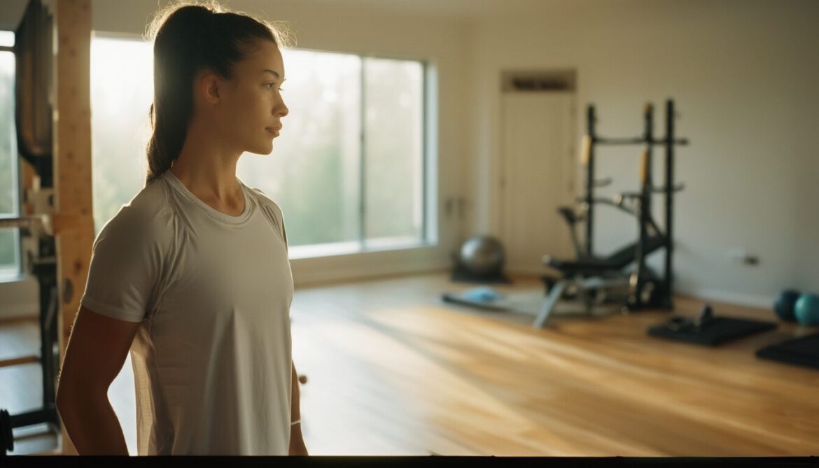 Anfänger trainiert mit Kurzhanteln im hellen Fitnessraum während der ersten Wochen Krafttraining