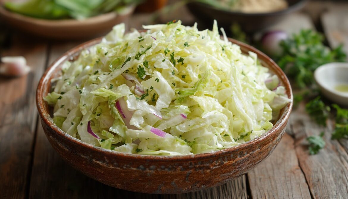 Schüssel mit cremigem griechischem Krautsalat aus fein gehobeltem Weißkohl auf einem Holztisch
