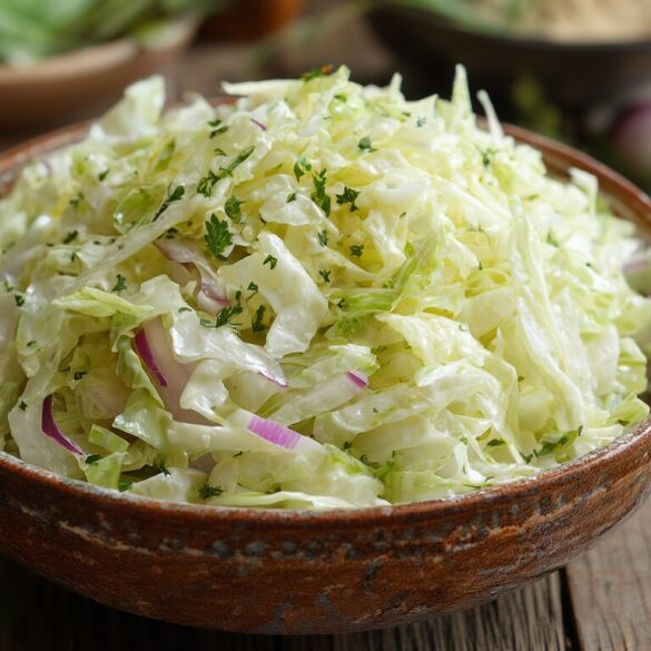 Schüssel mit cremigem griechischem Krautsalat aus fein gehobeltem Weißkohl auf einem Holztisch
