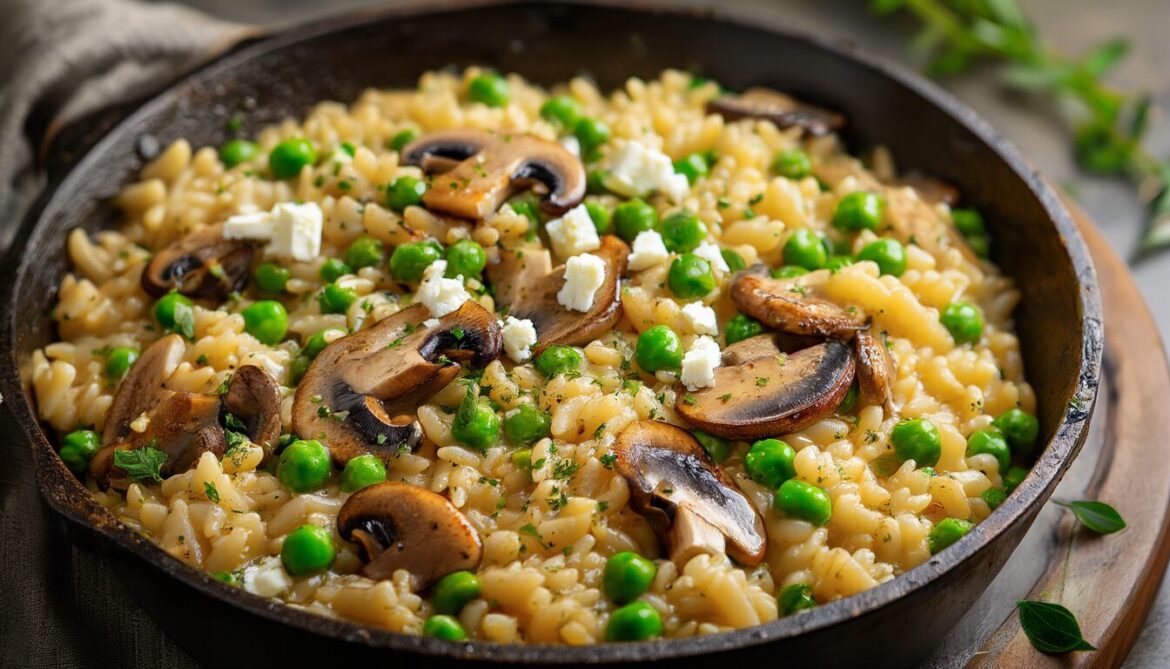Pfanne mit cremigen Kritharaki, grünen Erbsen, gebratenen Champignons und Feta