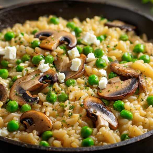 Kritharaki mit Erbsen und Champignons – cremig aus einer Pfanne Pfanne mit cremigen Kritharaki, grünen Erbsen, gebratenen Champignons und Feta