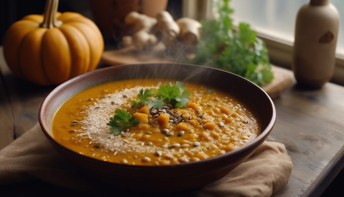 Cremiges Kürbis-Linsen-Curry mit Kokosmilch in einer Schale, garniert mit Koriander, Limette und Kürbiskernen