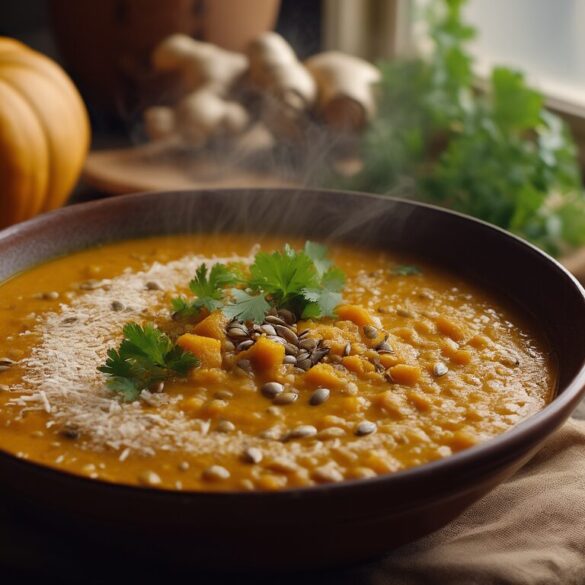 Kürbis-Linsen-Curry mit Kokosmilch: cremiges Rezept in 40 Minuten Cremiges Kürbis-Linsen-Curry mit Kokosmilch in einer Schale, garniert mit Koriander, Limette und Kürbiskernen