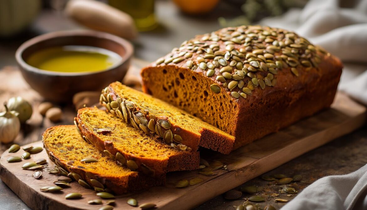 Selbst gebackenes Kürbiskernbrot mit goldener Kruste und Kürbiskernen, angeschnitten auf einem Holzbrett