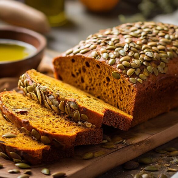Kürbiskernbrot selber backen: saftiges Rezept mit Roggen & Weizen Selbst gebackenes Kürbiskernbrot mit goldener Kruste und Kürbiskernen, angeschnitten auf einem Holzbrett
