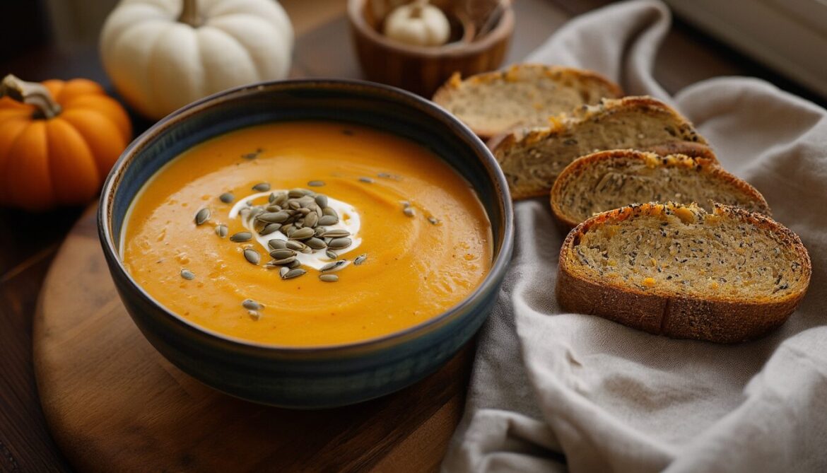 Cremige Hokkaido-Kürbissuppe mit gerösteten Kürbiskernen und Scheiben von frischem Kürbiskernbrot auf einem Holztisch