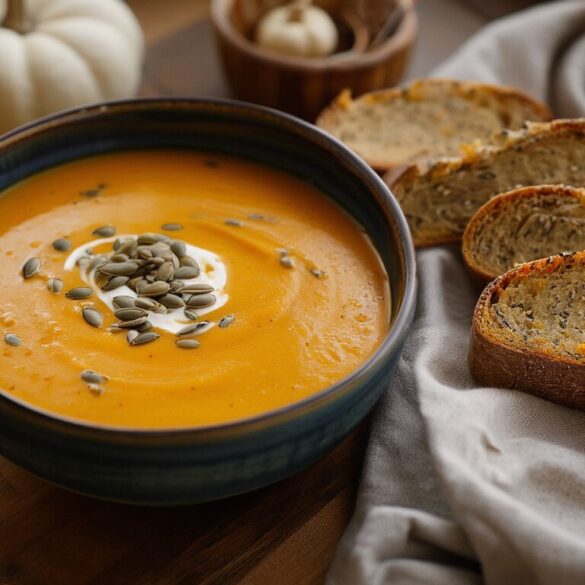 Kürbissuppe mit Kürbiskernbrot – cremig & einfach Cremige Hokkaido-Kürbissuppe mit gerösteten Kürbiskernen und Scheiben von frischem Kürbiskernbrot auf einem Holztisch