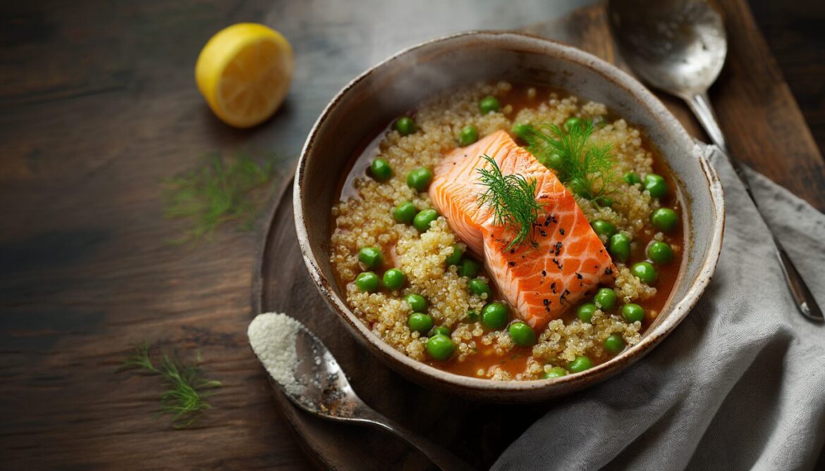 Schüssel mit Lachs-Eintopf, Quinoa, Erbsen und frischem Dill auf Holztisch
