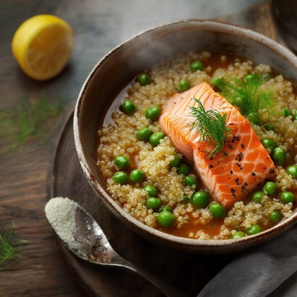 Lachs-Eintopf mit Quinoa und Erbsen – fertig in 30 Minuten Schüssel mit Lachs-Eintopf, Quinoa, Erbsen und frischem Dill auf Holztisch
