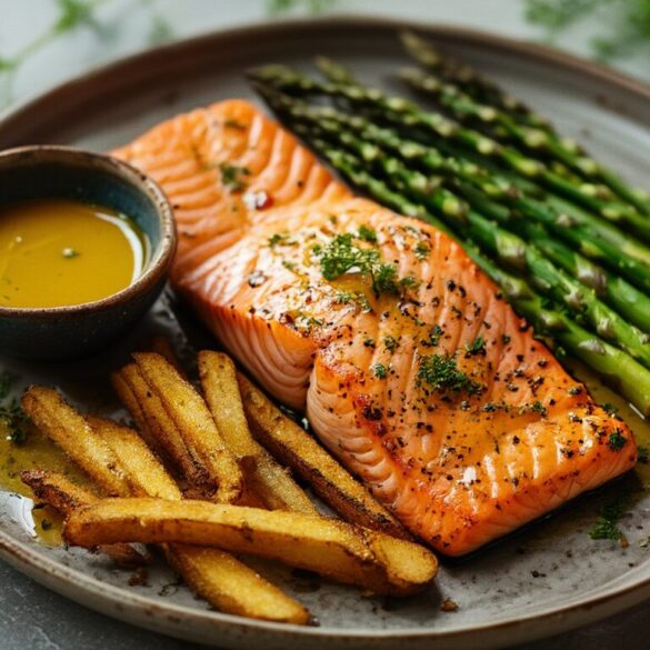 Lachs mit Honig-Senf-Soße: saftig in 25 Minuten Gebackenes Lachsfilet mit karamellisierter Honig-Senf-Soße, grünem Spargel und knusprigen Ofen-Pommes auf einem Teller