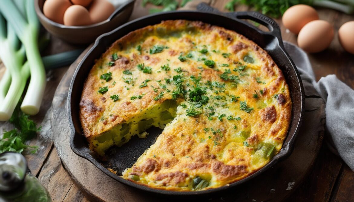 Goldbraun gebackene Lauch-Käse-Frittata mit Petersilie in einer Gusseisenpfanne, ein Stück angeschnitten