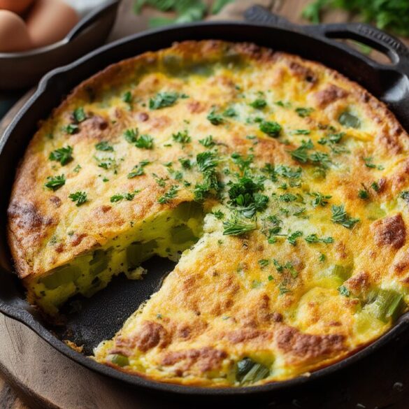 Goldbraun gebackene Lauch-Käse-Frittata mit Petersilie in einer Gusseisenpfanne, ein Stück angeschnitten